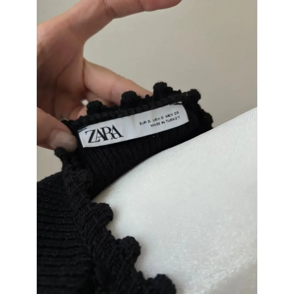 Zara Black Lace Tie Front Ruffle Cropped Combination Cardigan S